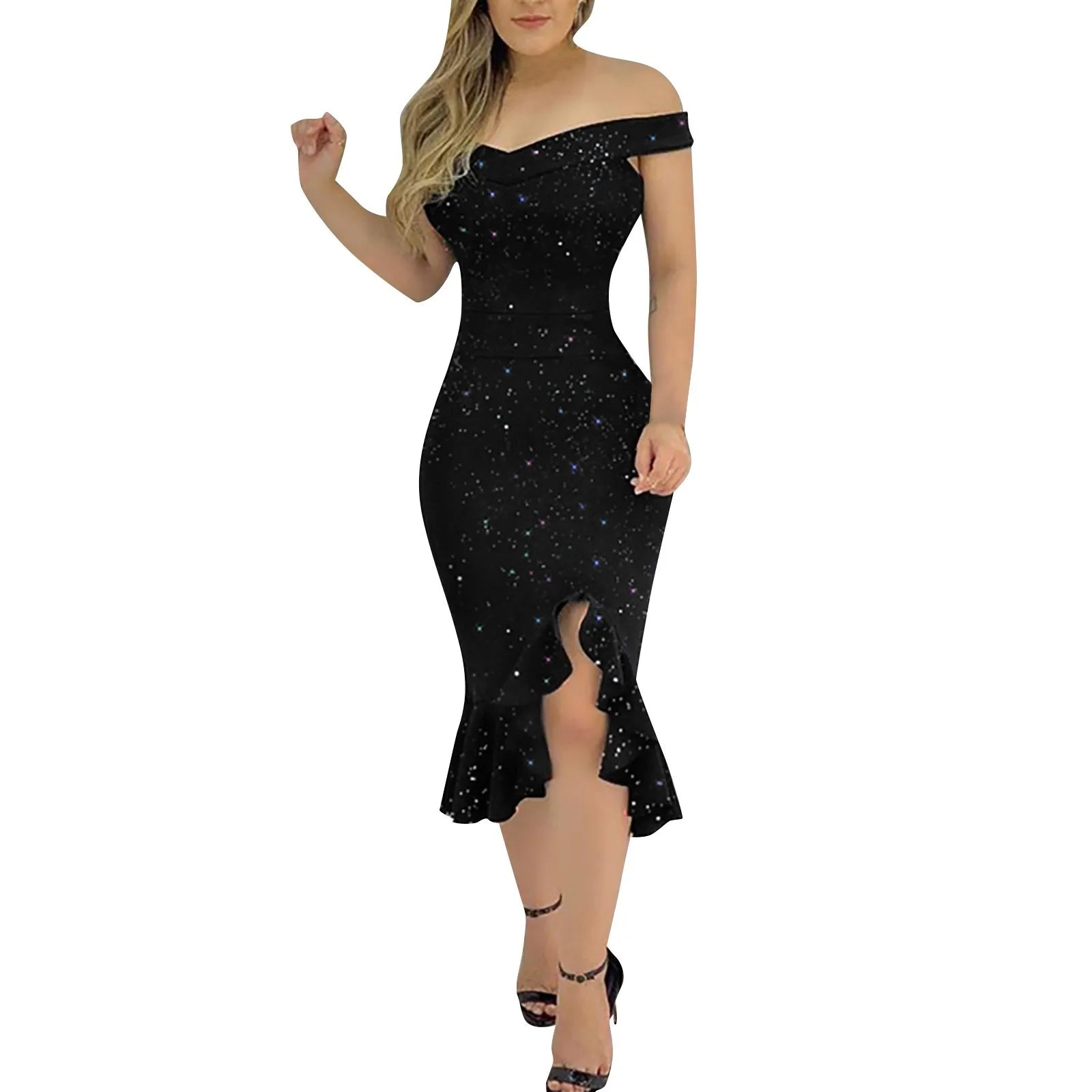 Vestido Aria – Verão Ombro a Ombro com Paetês e Babado