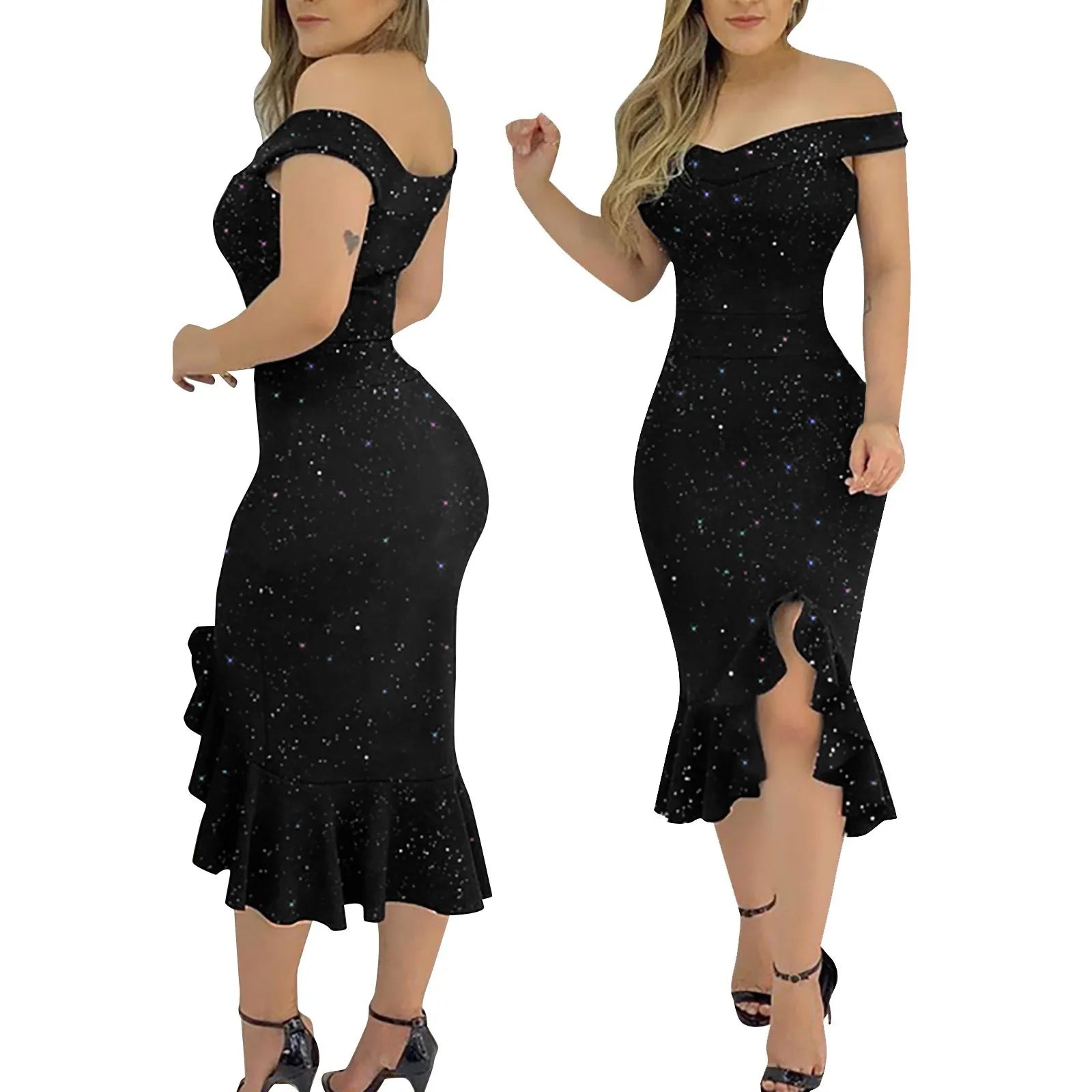 Vestido Aria – Verão Ombro a Ombro com Paetês e Babado