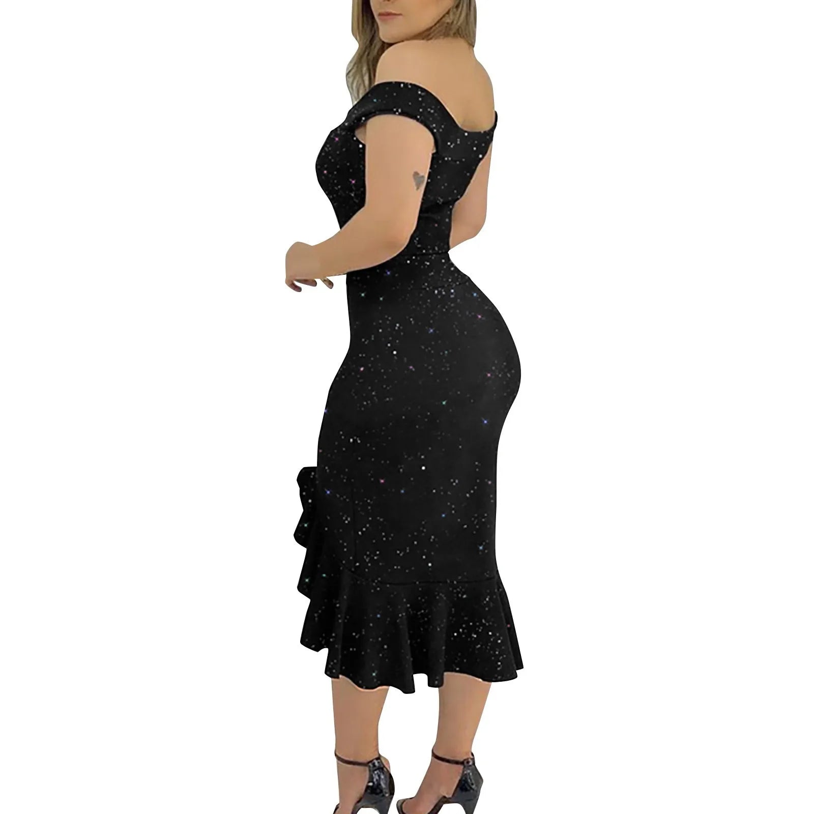 Vestido Aria – Verão Ombro a Ombro com Paetês e Babado
